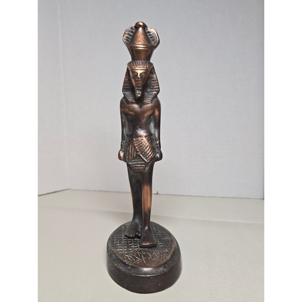 Vintage Egyptian Pharaoh Figurine Bronze Tone on Base Egypt Decor 8.5" tall